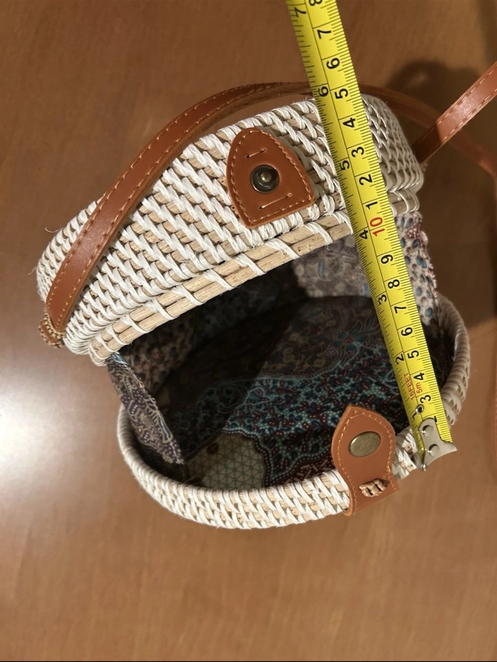 Round Woven Crossbody Bag in Cream and Tan - Picture 9 of 10